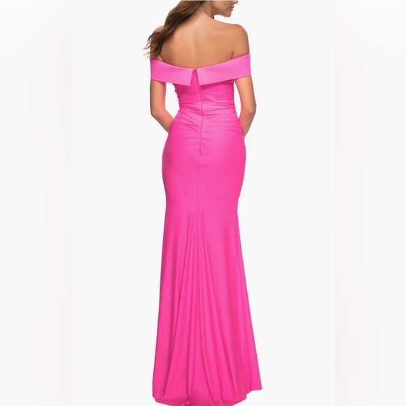 La Femme Long Off the Shoulder Ruched Neon Jersey Dress - Picture 2 of 3